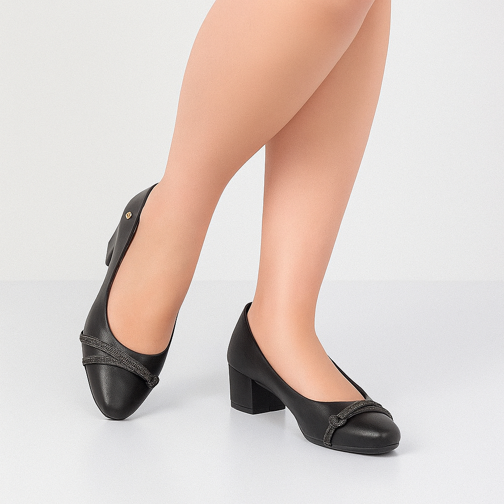 Sapato Feminino Scarpin Salto Bloco Baixo Enfeite Nó Strass em Oferta na Shopee