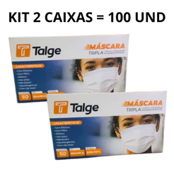 Kit 02 Caixas de Máscara TNT Descartável Branca Tripla Proteção com Elásico 100 Unidades