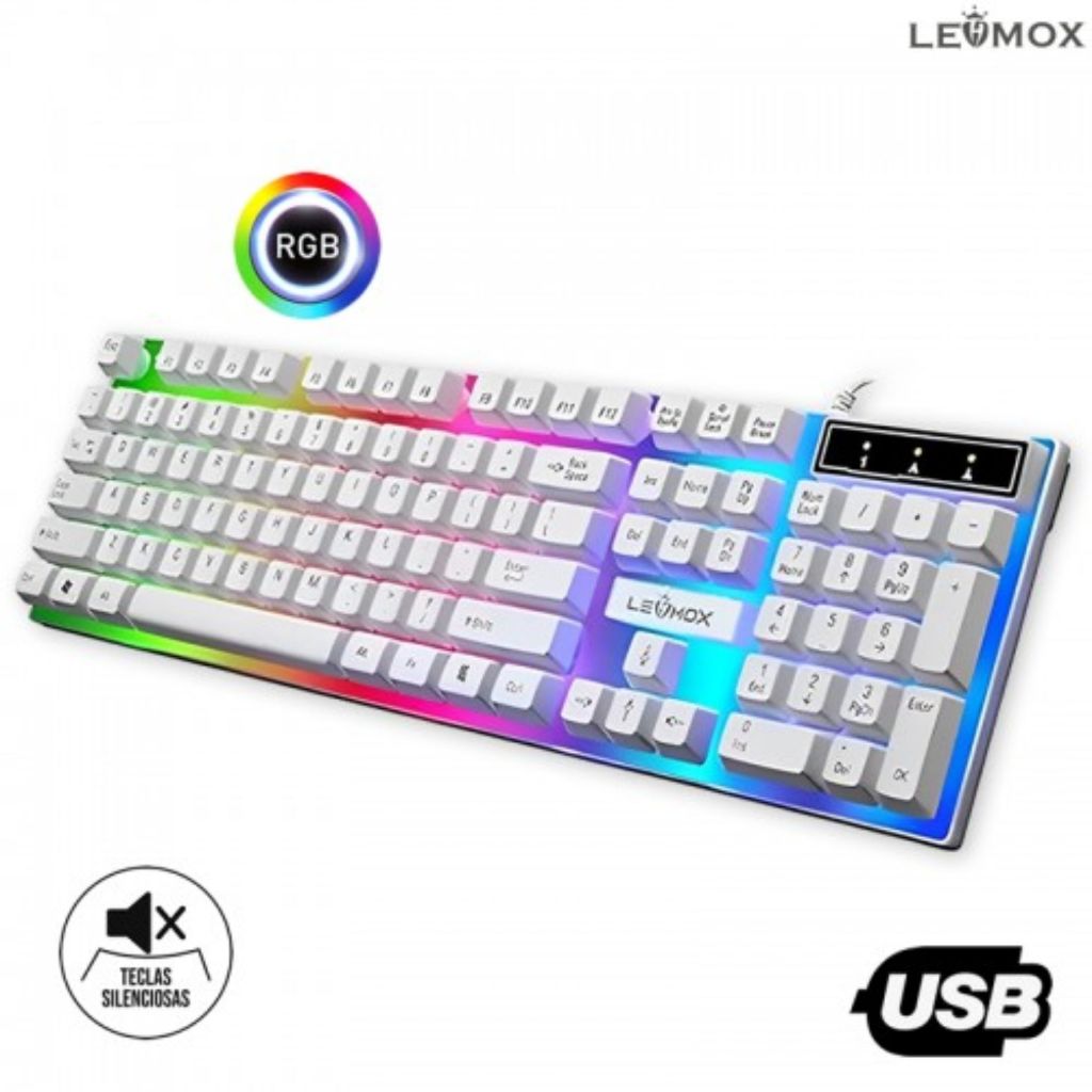 Teclado Gamer RGB Branco Iluminado LED Colorido Membrana Silencioso Ergonômico USB Com Fio Alta Performance Design Moder