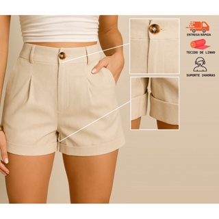 Short Feminino Linho Social Confortavel Cintura Alta Com Botão e Zíper Detalhe Na Barra Caimento Perfeito Verão em Oferta na Shopee