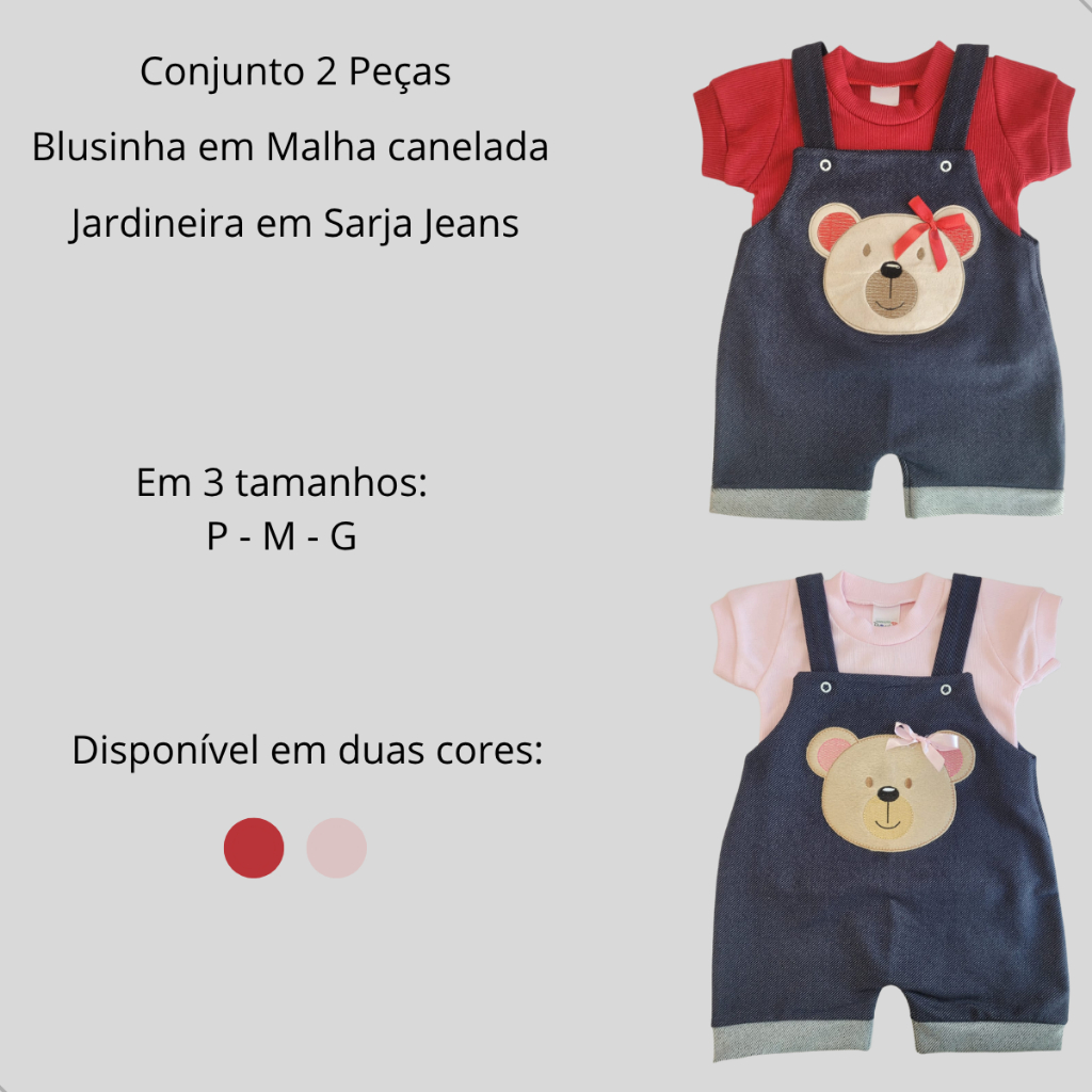 Conjunto Jardineira Bebê Menina com Bordado e Laço Jardineira Sarja + Blusinha canelada — imagem 2 de 2
