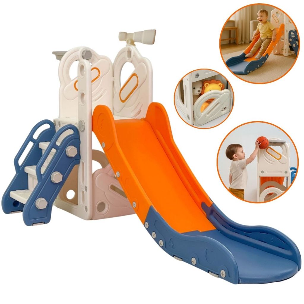 Playground 4 Em 1 Laranja e Azul Com Escorregador Telescopio Cesta e Espaço Multifuncional Importway