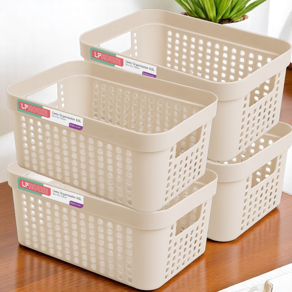 Kit 4 Cestos Organizadores 4,5 Litros Multiuso Em Plástico Resistente Organização Cozinha Banheiro