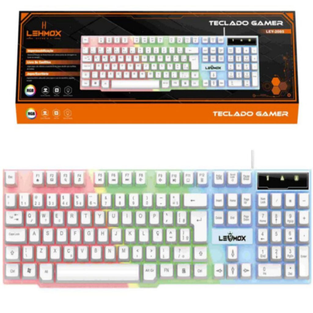 Teclado Gamer RGB Branco Membrana LED Iluminado USB Com Fio Silencioso Ergonômico Antighosting Design Moderno Alta Perfo