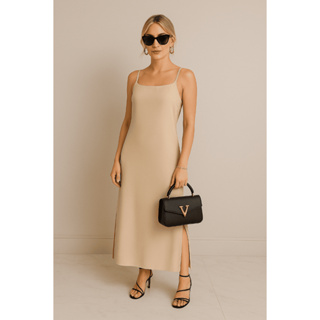 Vestido Feminino Longo Fenda Lateral Alças Ajustáveis Estilo Minimalista Elegância Fresh em Oferta na Shopee