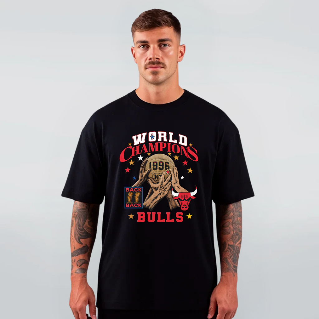 Oversized Camiseta World Champions Bulls Basketball NBA Camisa Preta Algodão Esporte