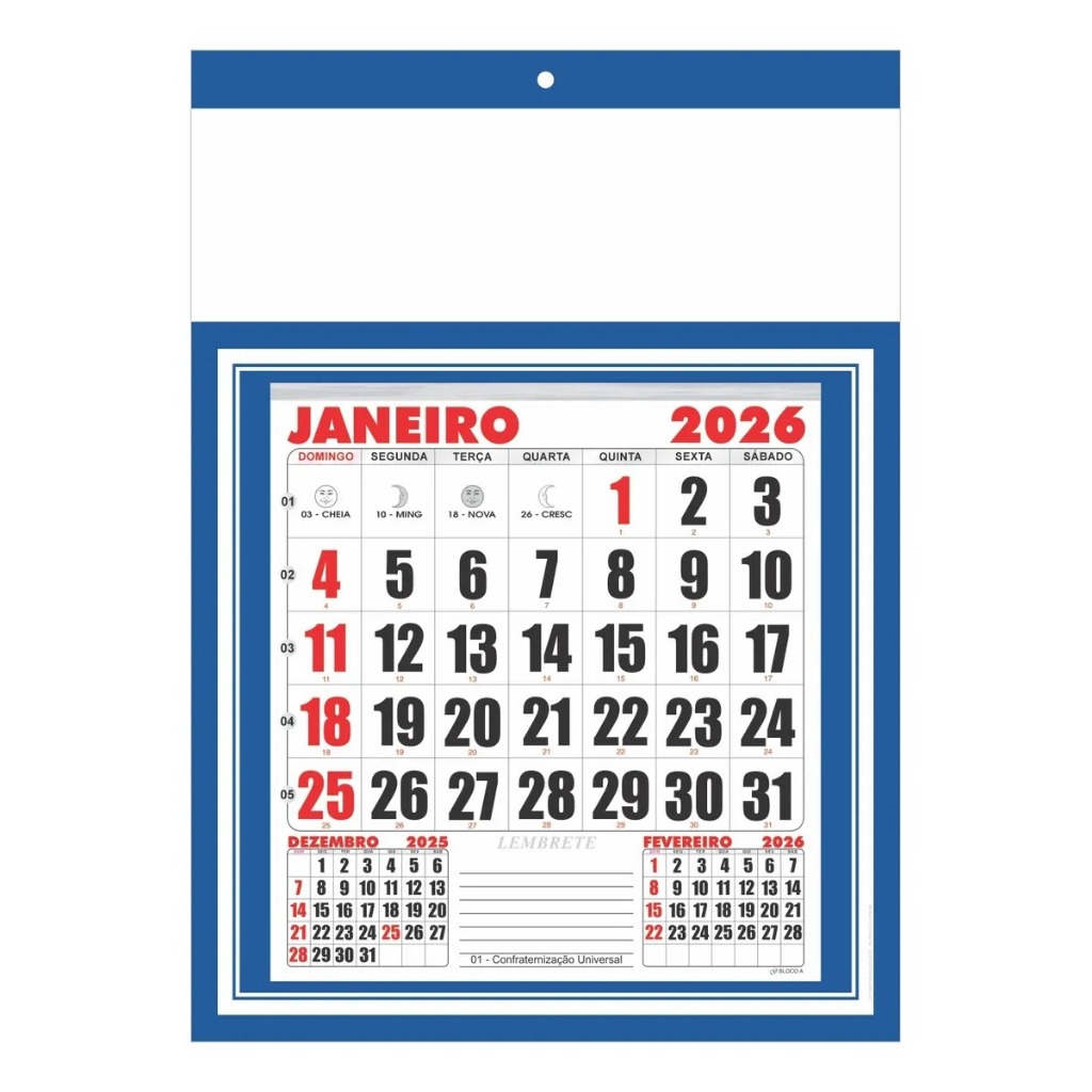 Folhinha calendário cartela bloco mensal 18x25cm