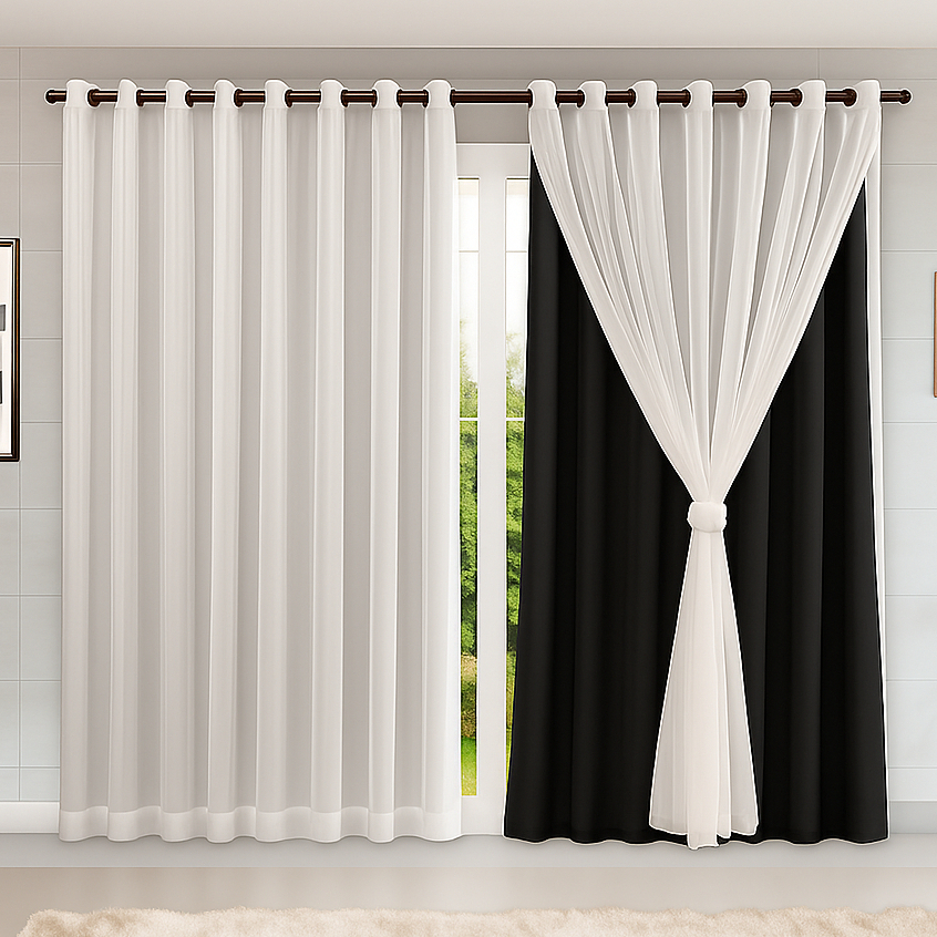 Cortina MADRI LUXO 3,00 x 2,50 com VOIL Branco -  Quarto, Sala, Escritório, Janela, Decoração