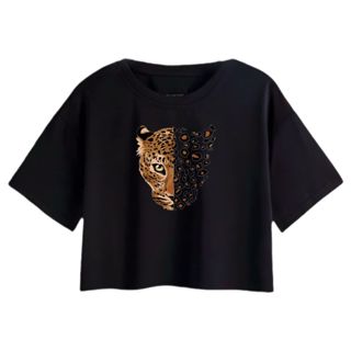 Cropped Oversized Feminino Estampado Onça 100% Algodão em Oferta na Shopee