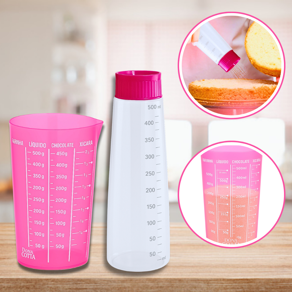 KIT REGADOR BISNAGA Umedecer Massas Bolo 500ml + Copo Medidor 570ml Rosa Confeitaria Culinária em Oferta na Shopee