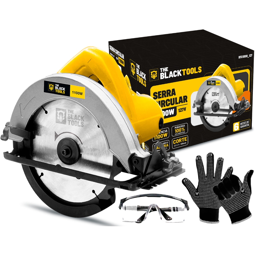 Kit Serra Circular Elétrica Madeira 4.1/2 Pol 185mm 1100w The Black Tools + Luvas E Óculos Epi - Home & Living