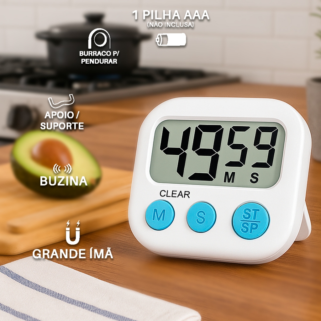 Timer Digital de Cozinha com Alarme Sonoro – Cronômetro Visor Grande 99min