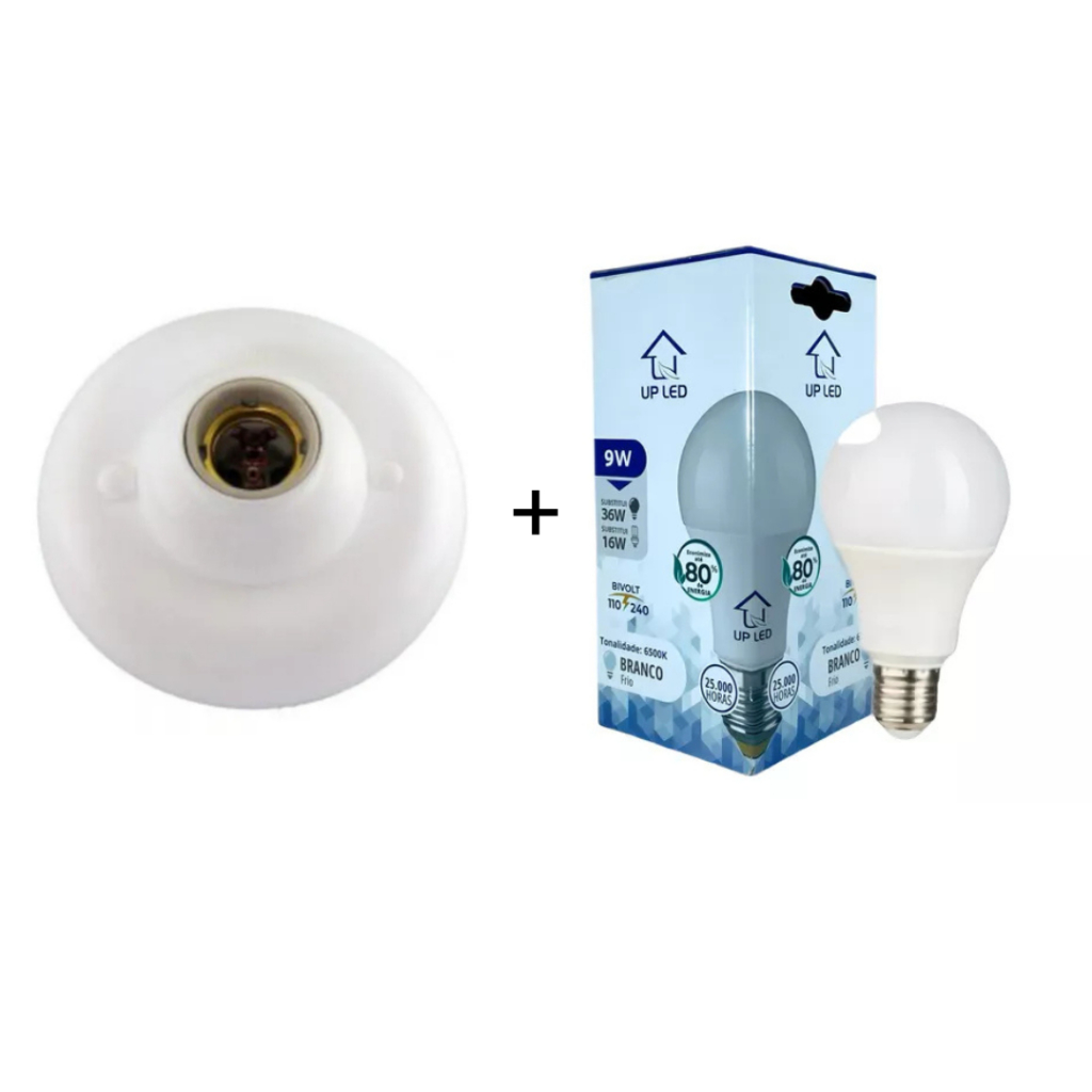 Kit Plafon Branco p/ Lâmpada Soquete E-27 + Lâmpada 9W 6500K de Porcelana Paflon Led Incandescente Cozinha Copa Quarto