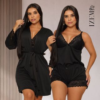 Kit Robe Feminino com Renda e Baby Doll Curto Sensual em Oferta na Shopee