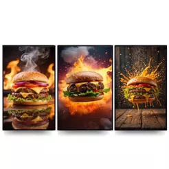 Quadro decorativo 3 peças grande lanchonete hamburgueria hamburguer lanche 3 peças