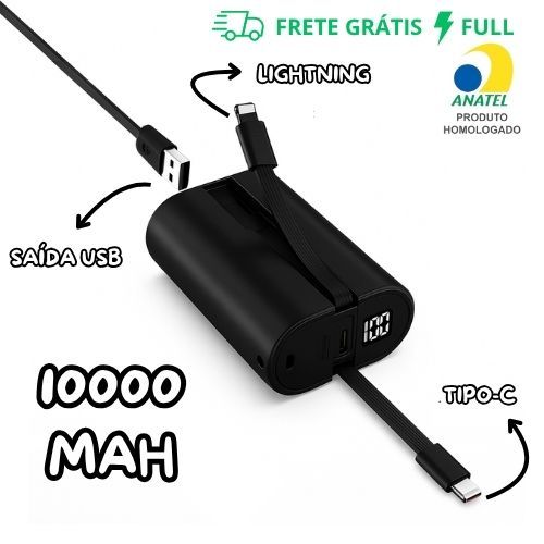 CARREGADOR PORTÁTIL POWERBANK 10000 MAH TURBO PRETO KAIDI KD-01P