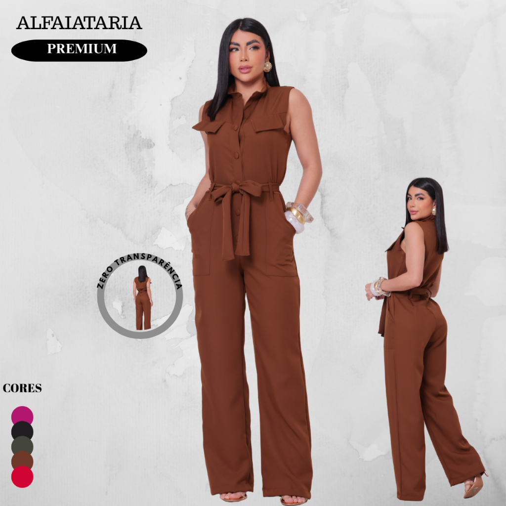 Macacão Feminino Pantalona Alfaiataria Premium com Bolsos e Cinto Faixa Elegante Tedência