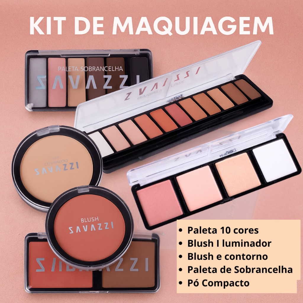 Kit Completo De Maquiagem Com 6 unidades Paleta Sombra, Blush, Iluminador, Pó Compacto, Contorno, Paleta Sobrancelha