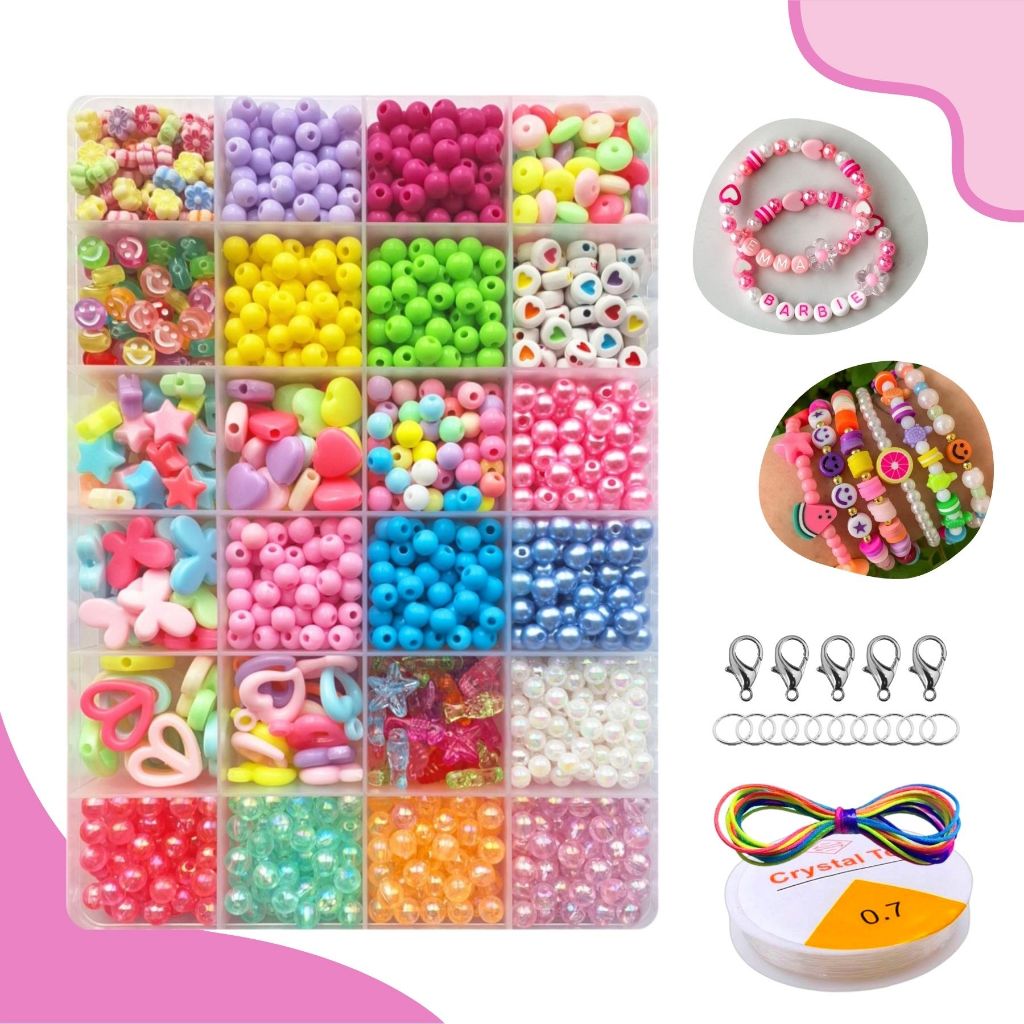 Maleta Infantil Kit de Miçangas Para Pulseira Até 2500 Peças + Fio Silicone + Cordão Colorido + Fechos e Argolinhas
