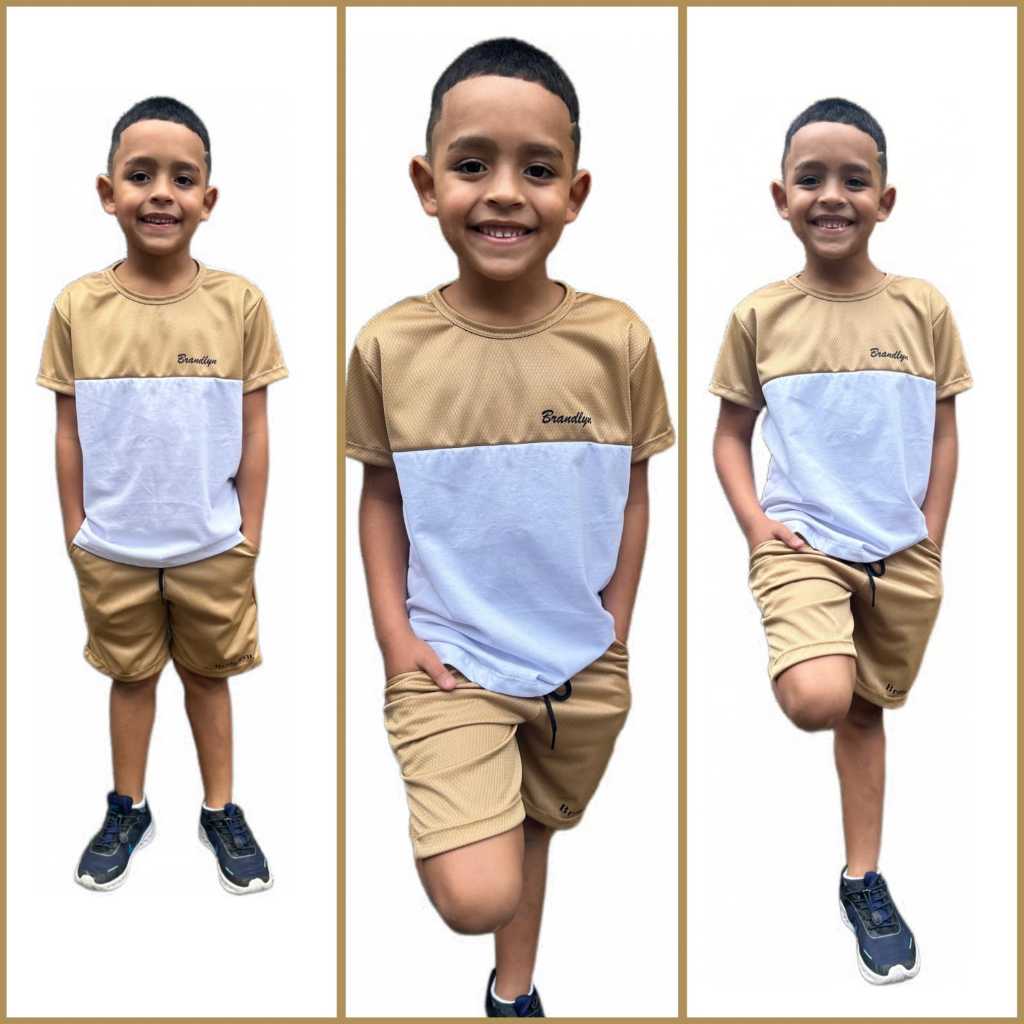 Conjunto Infantil Masculino Brandlyn Camiseta e Shorts Bege com Branco – Look Estiloso e Confortável