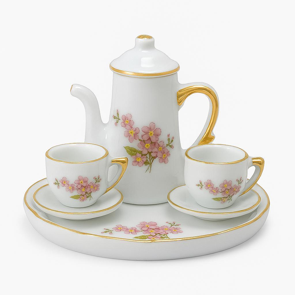 Conjunto De Bule em Miniatura Porcelana Fina Branca Decorada com Filete a Ouro