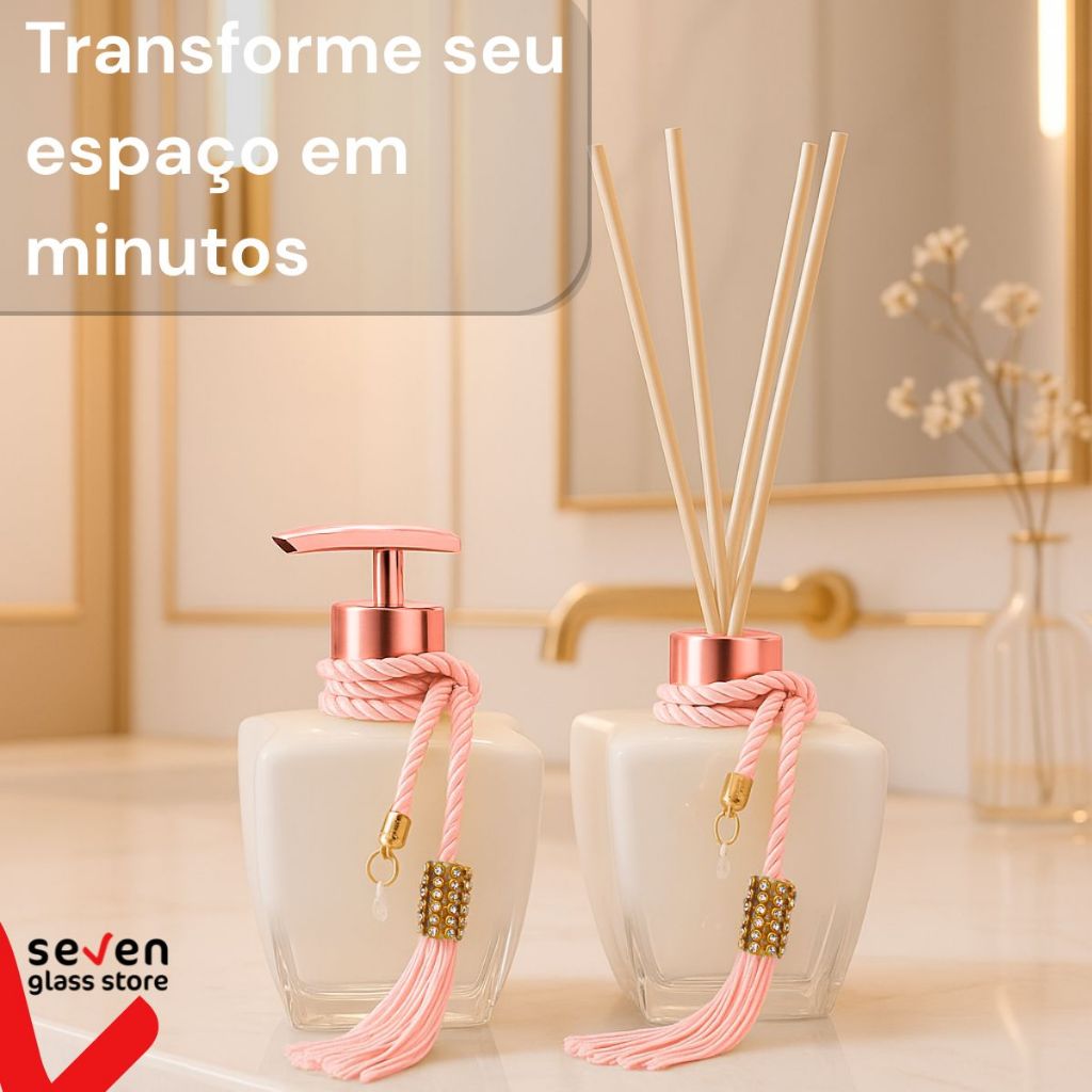 Kit Vidros Banheiro Luxo Degradê Branco Completo com Porta Sabonete Líquido e Difusor de Ambiente Elegante · foto 2
