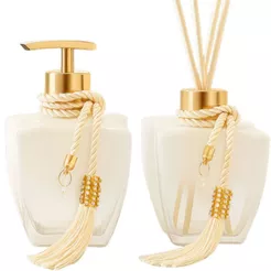 Kit Vidros Banheiro Luxo Degradê Branco Completo com Porta Sabonete Líquido e Difusor de Ambiente Elegante