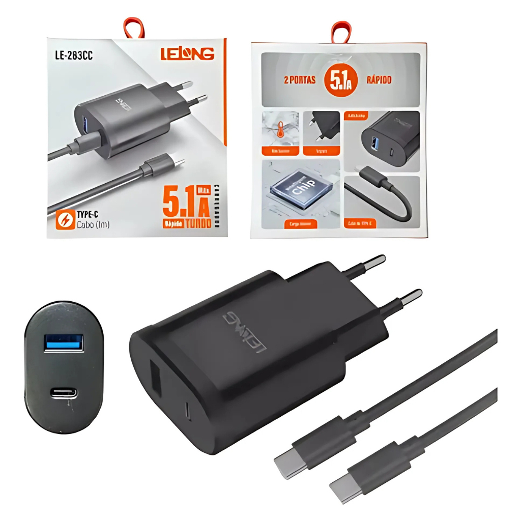 Kit Carregador Turbo com Duas entradas + Cabo duplo Usb-C lelong Compatível com 