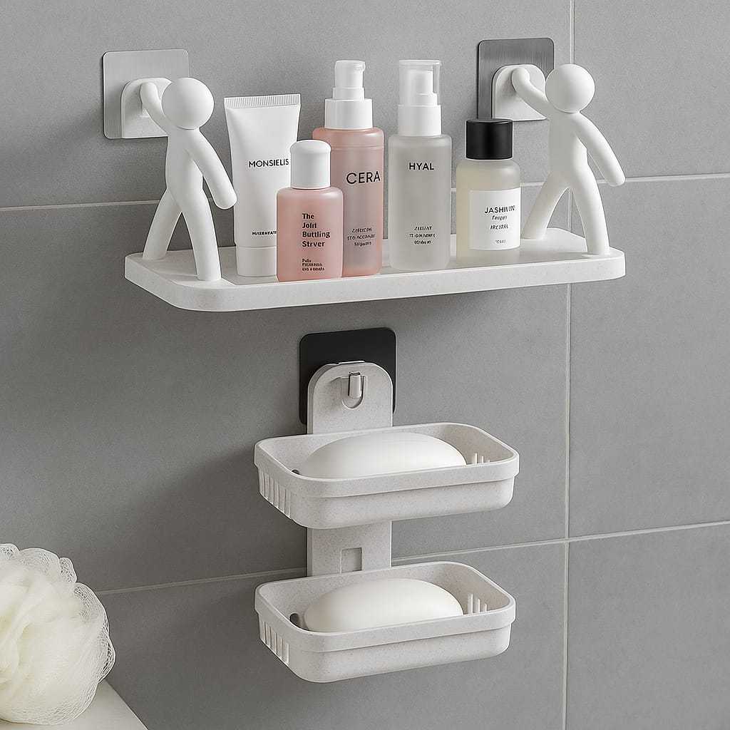 Kit Com 1 Prateleira Suporte Organizador Boneco Parede Sem Furos + 1 Saboneteira Dupla Parede Com Suporte Adesivo