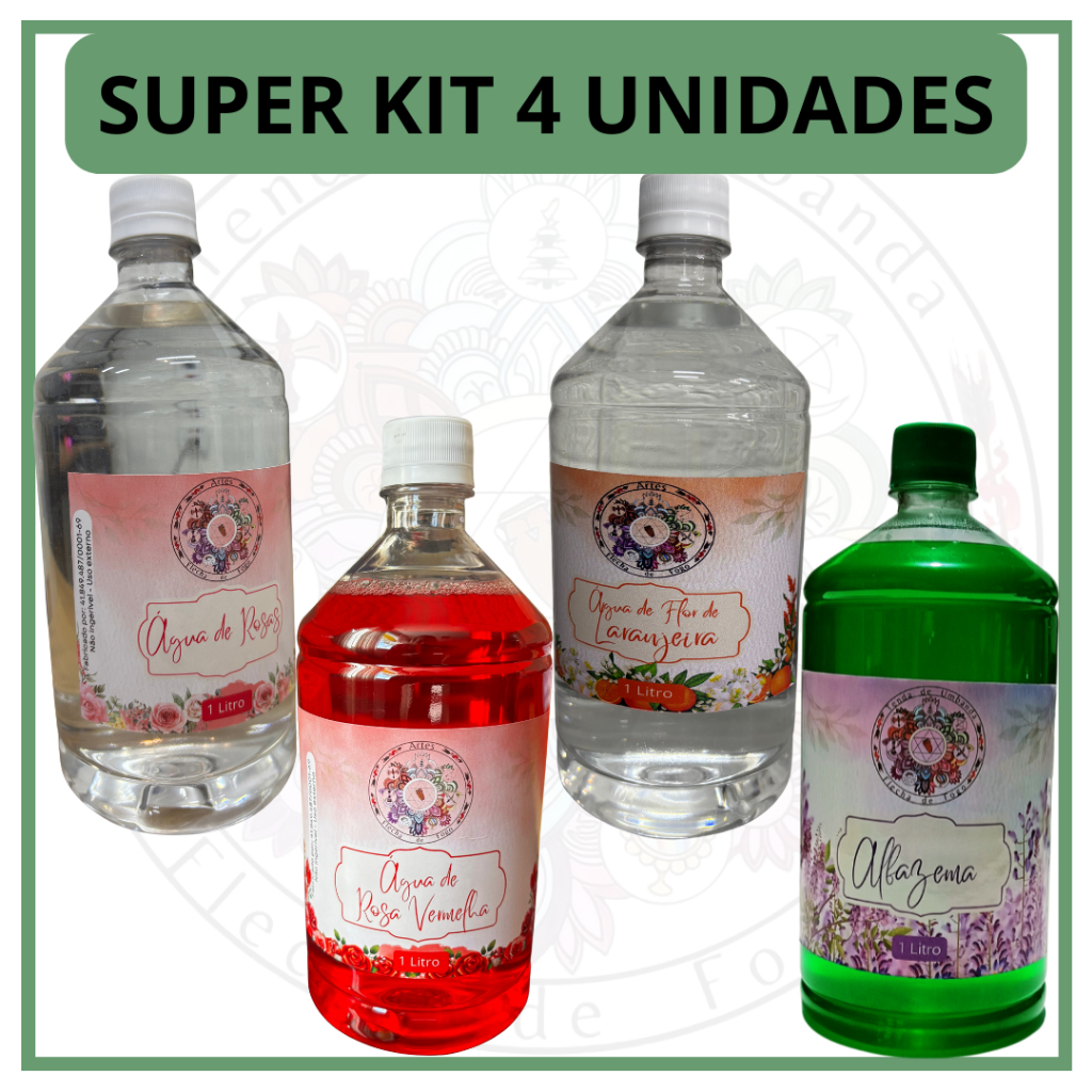 Super Kit 4 Unidades, 1 Alfazema, 1 Água de Flor de Laranjeira, 1 Água de Rosas, 1 Água de Rosa Vermelha 1L