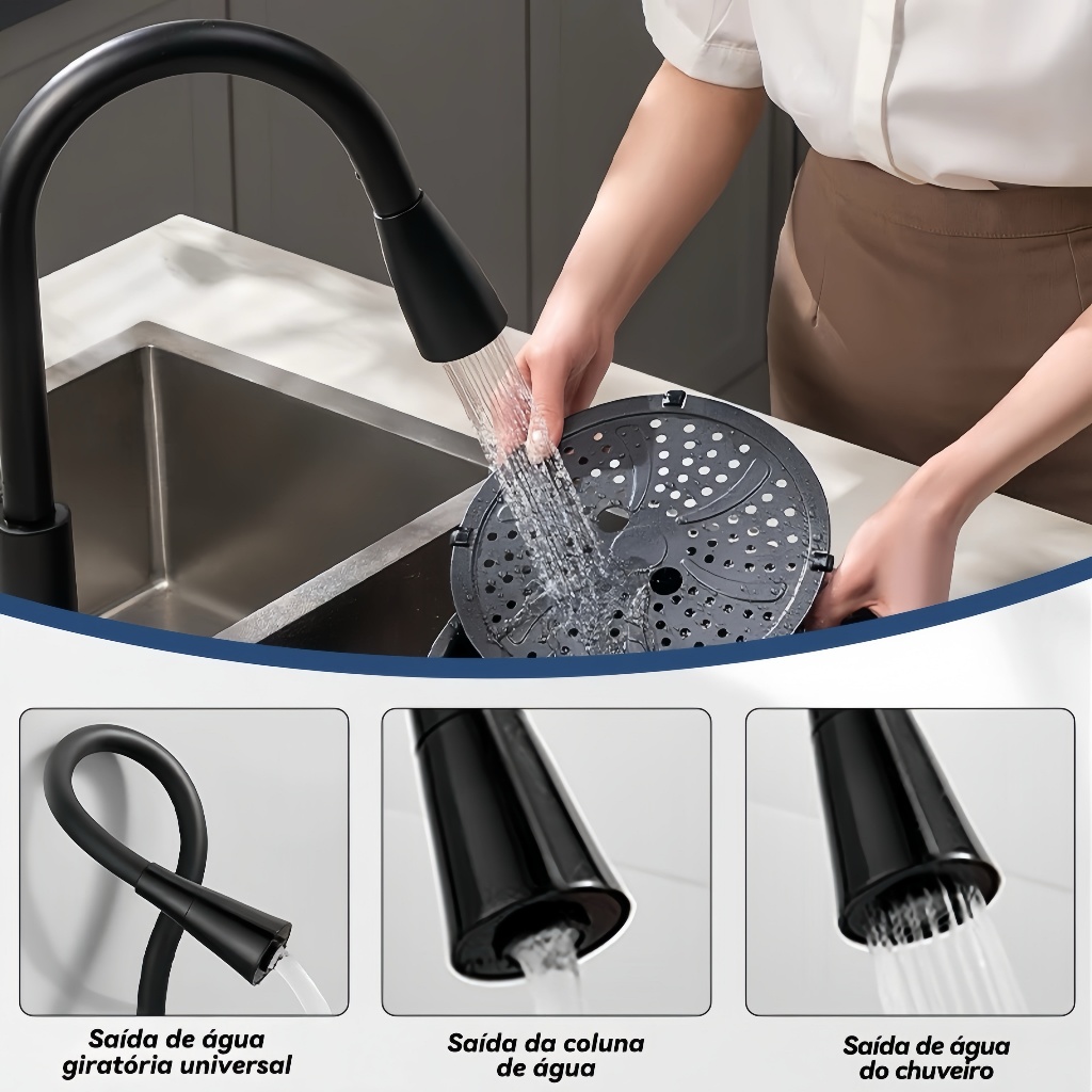torneira cozinha parede preta flexível Duplo Jato Cone 1/4 de Volta