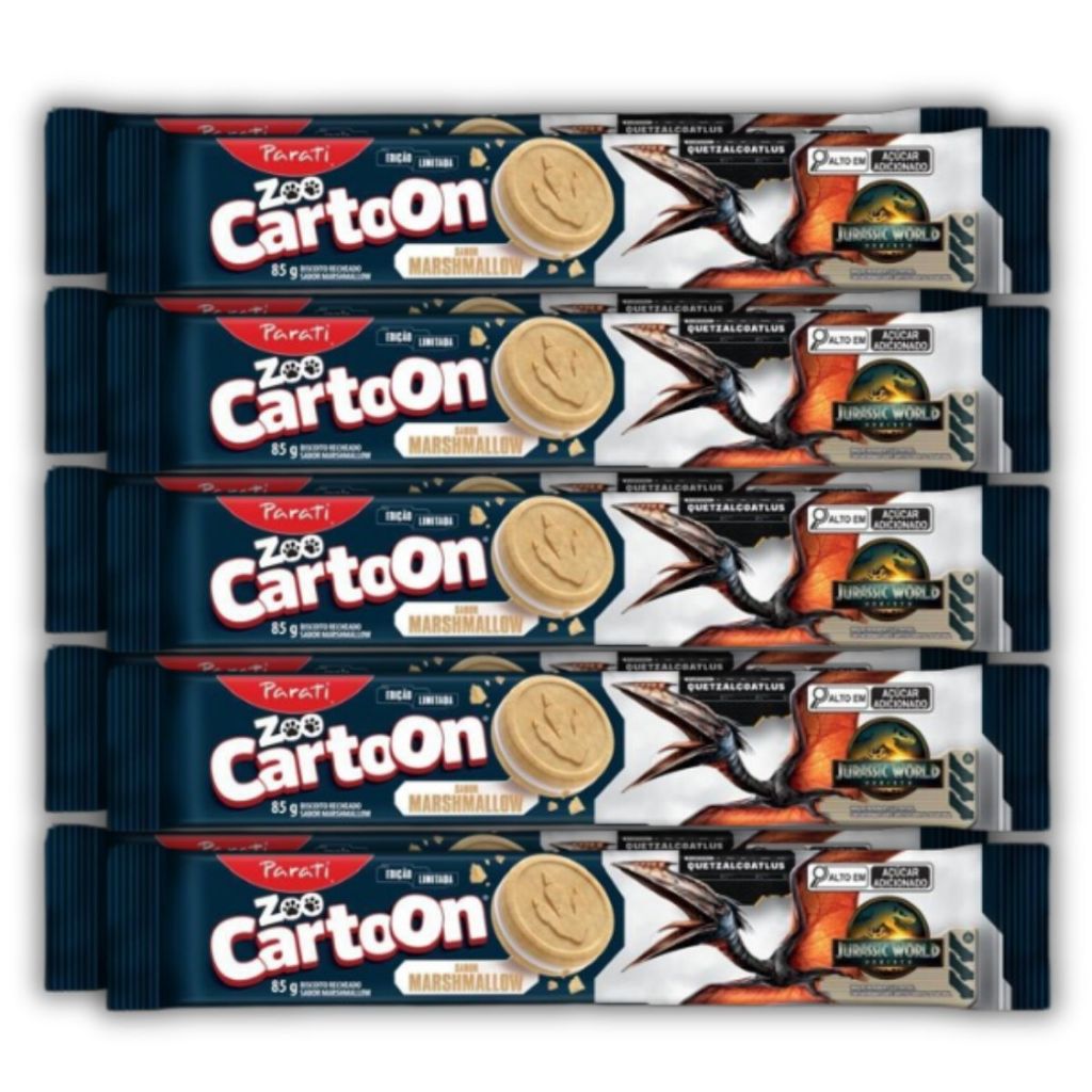 Pack 10un Biscoito Recheado Bolacha Parati Zoo Cartoon Jurassic World Marshmallow 85g
