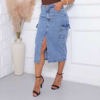 Saia Midi Jeans Cargo Moda Evangélica em Oferta na Shopee