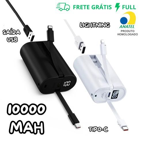 CARREGADOR PORTÁTIL POWERBANK 10000 MAH TURBO PRETO OU BRANCO KAIDI KD-01P
