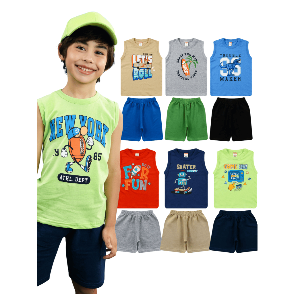 Kit Sortido 10 Peças Masculinos Regatas + Bermudas Infantil Juvenil Menino 5 Conjuntos