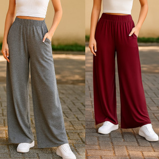 Kit com 2 Calça Pantalona Estilosa com Bolsos Grandes Calça Feminina Estilo de Alfaiataria no tecido Viscolycra