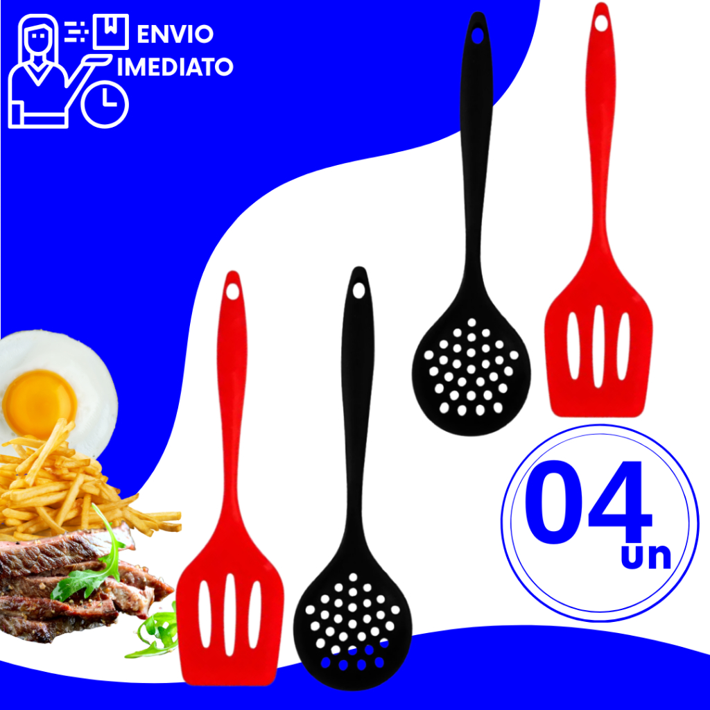 Jogo Escumadeira e Espátula Vazada de Silicone Antiaderente Fritura Arroz Cozinha Multiuso