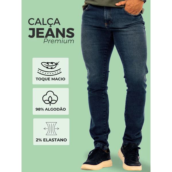 Calça Jeans Azul Escuro Masculina Slim Premium Com Elastano Moderna E Confortável
