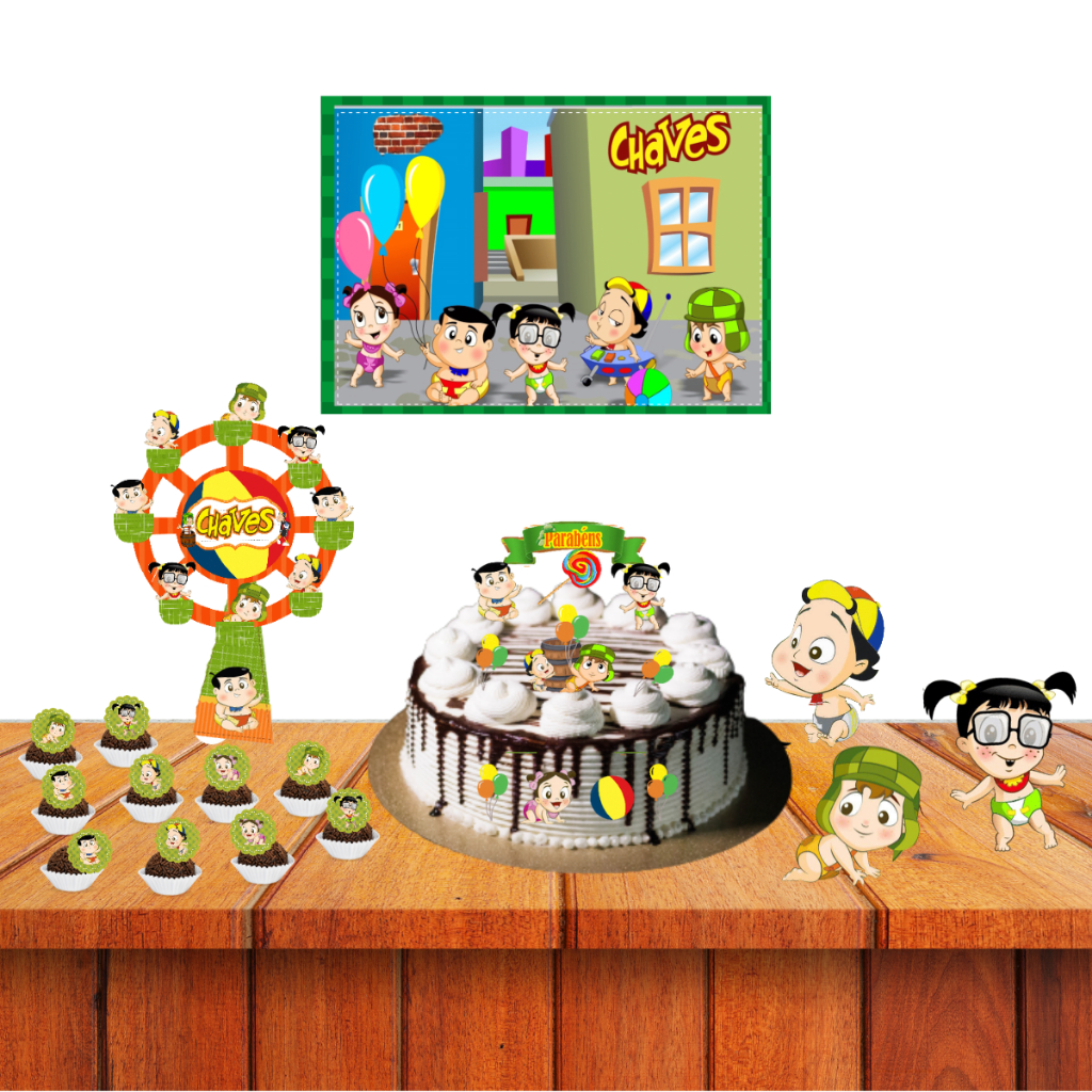 Kit festa em casa só um bolinho decoração aniversario mesversario chaves babys + pulseira