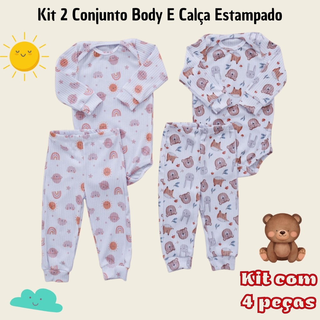 Kit 4 Peças Estampados Body E Calça para Bebês Divertidos Moderno MP001-KIT2-ESTAMP-MS-C12