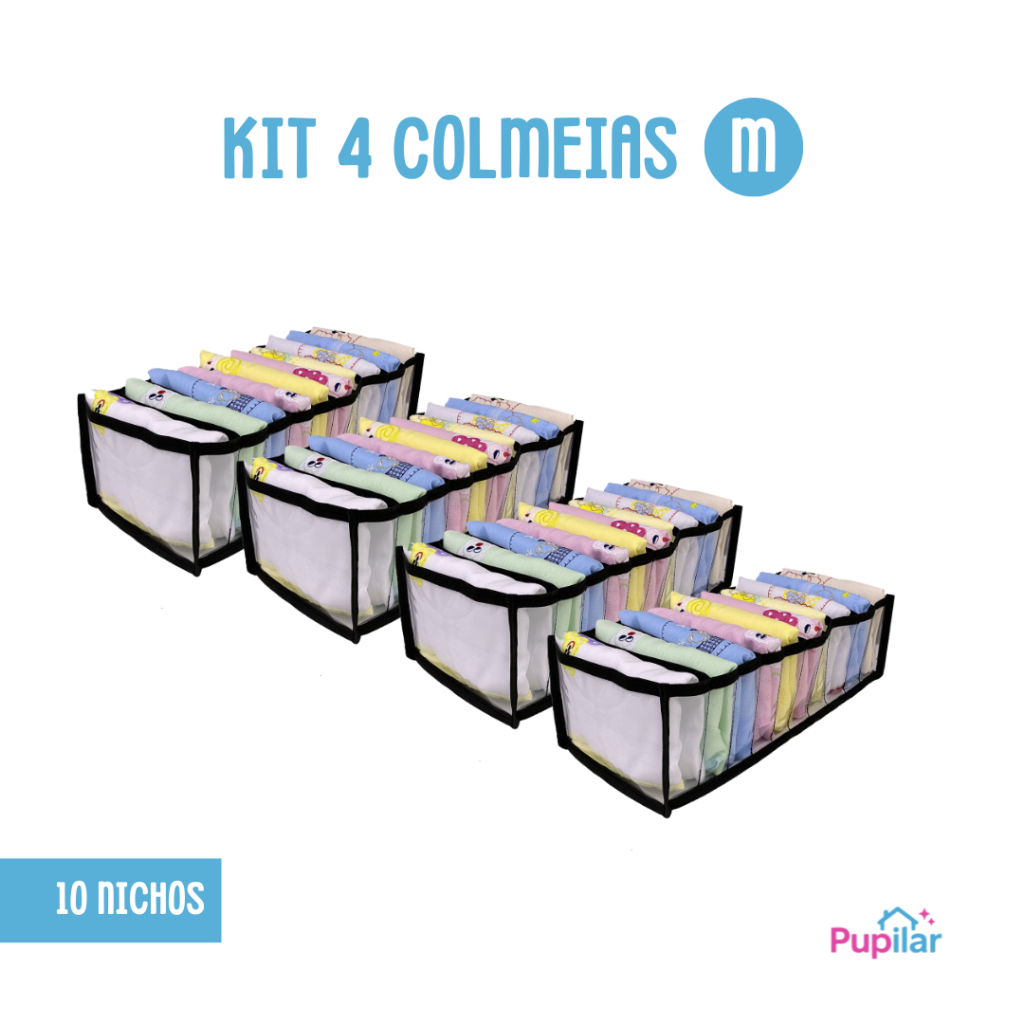 KIT 4 COLMEIAS ORGANIZADORA M PRETA 10X15X35 10 ESPAÇOS - PUPILAR