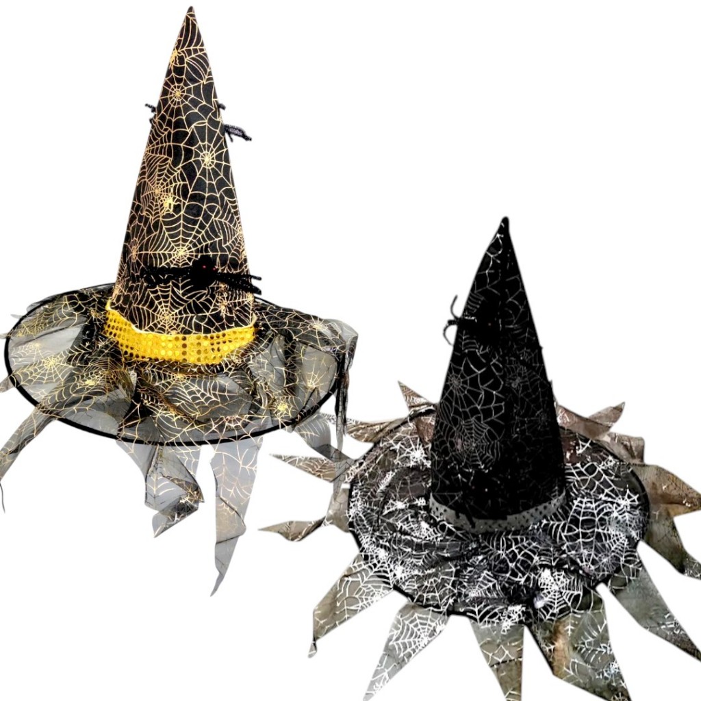 Chapéu De Bruxa Espumado Halloween Com Aranhas e Teia Prata Fantasia Cosplay Bruxo