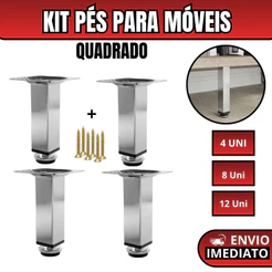 Kit Pés Cromado Para Móveis 8cm 10cm 12cm 15cm 20cm Quadrado Com Regulagem Acompanha Parafuso