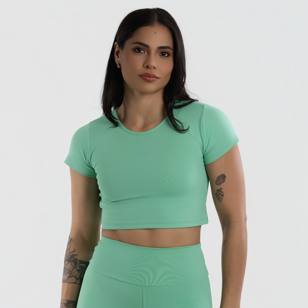 Cropped Manga Curta Verde Claro Feminino Poliamida Academia Fitness Premium CR251