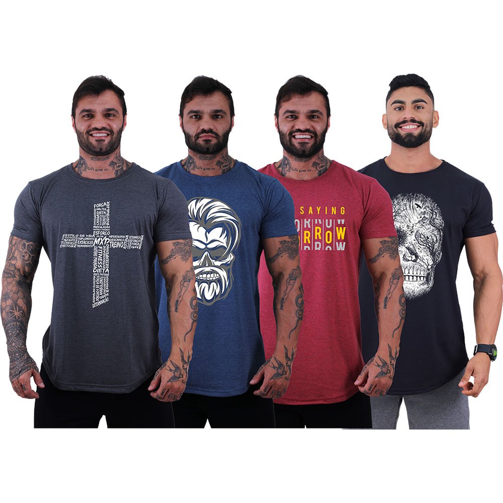 Kit 4 Camisetas Longline Fio 30.1 Algodão MXD Conceito Moda Manga Curta Caveiras Academia Dia-a-Dia
