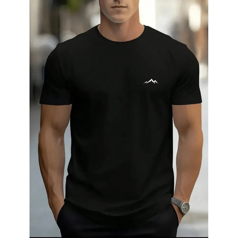 Camiseta Masculina Estampa Montanha Estilo Regular Manga Curta Estampada Malha De Algodão Verão