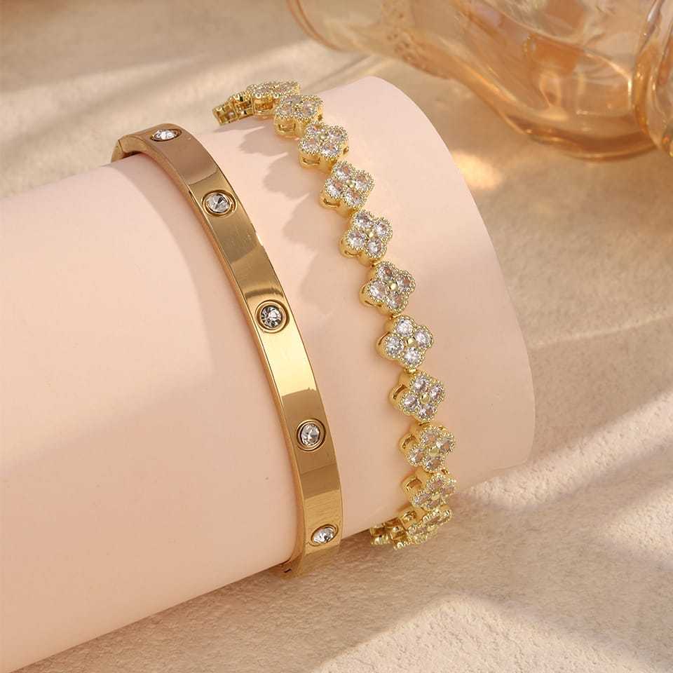 Conjunto Bracelete de Aço Inoxidável e Pulseira Feminina Acessórios Femininos kit Dourado prata em Oferta na Shopee