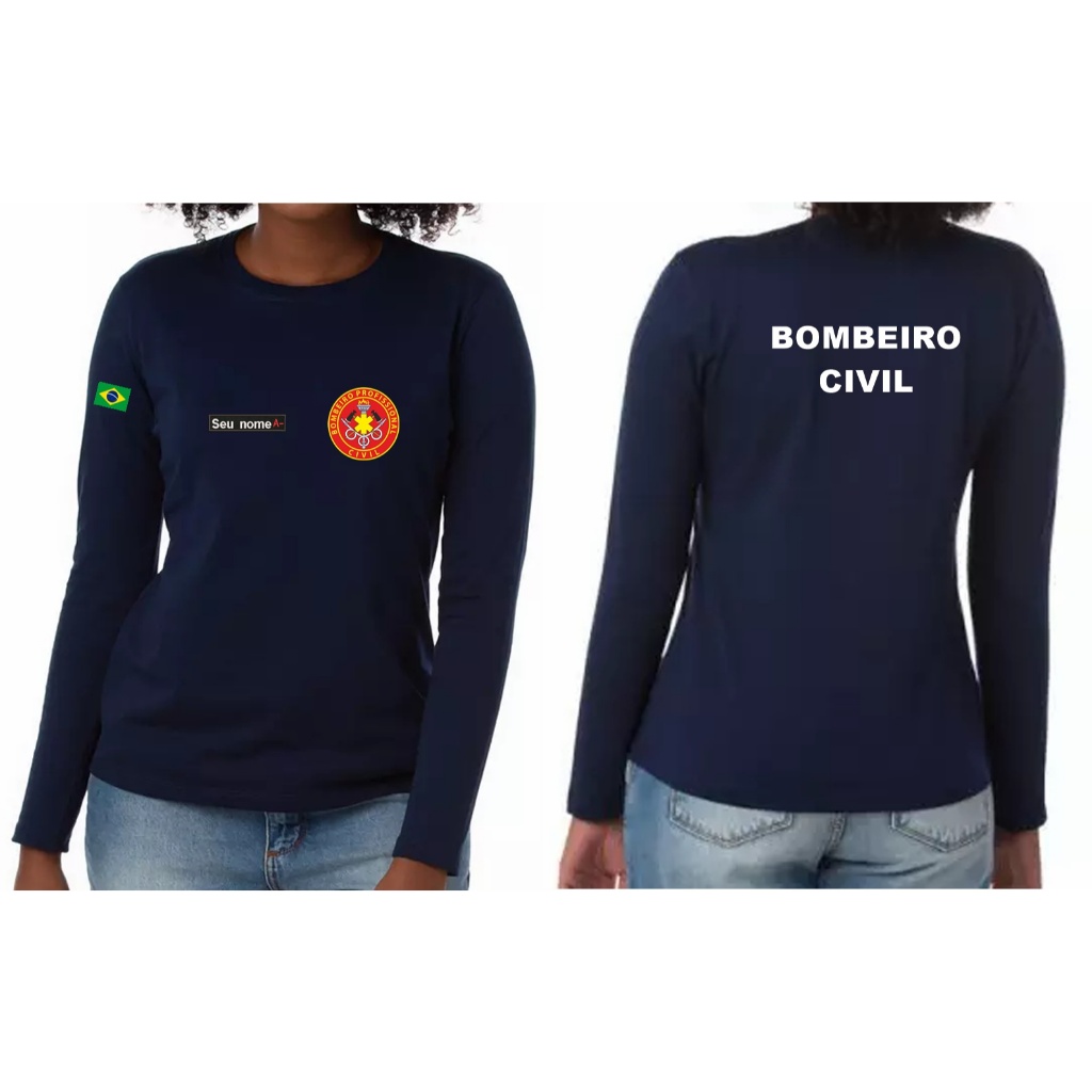 CAMISETA FEMININO MANGA LONGA BOMBEIRO CIVIL BORDADO INN
