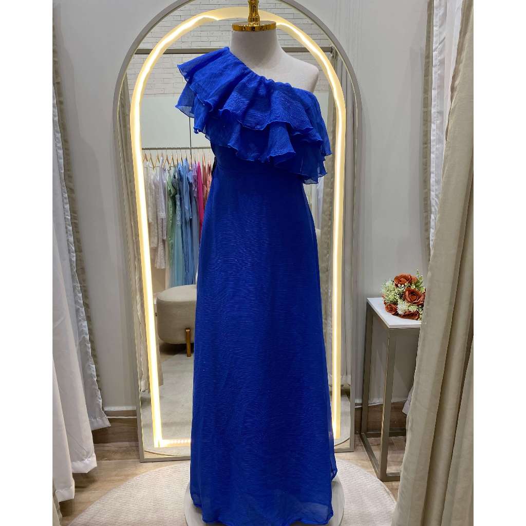 IMPERFEITO - {Olívia} Vestido Longo Nula Manga com Babado Chiffon com Brilho (Azul Royal) L509