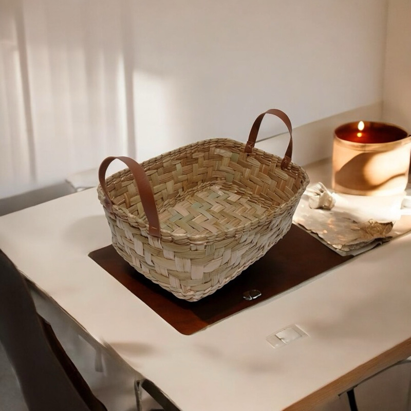 Cesta Oval de Palha de Taboa com Alça de Couro G